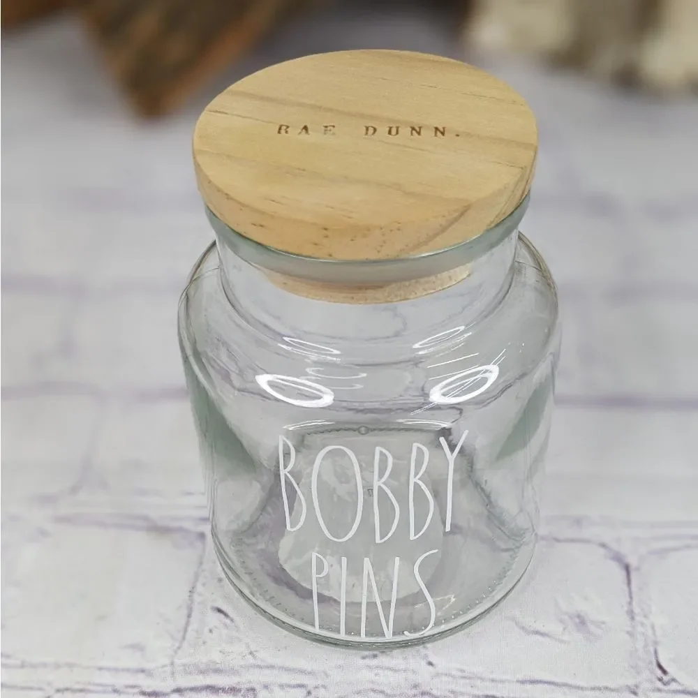 Rae Dunn BOBBY PINS Glass Jar Storage Container with Wooden Lid